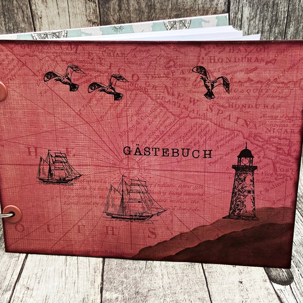 DIY-Gästebuch, Ferien, Meer, handbestempelt, Din A5, auch als Fotoalbum