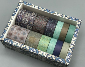 12 rouleaux de washi tape, oriental, dans une boîte décorative, différentes largeurs et motifs