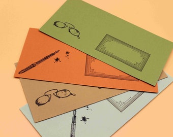4 Umschläge, Briefumschläge, handbestempelt, 11 x 22 cm