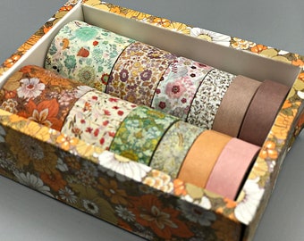 12 Rollen Washi-Tape, braun-orange, in dekorativer Schachtel, verschiedene Breite und Muster