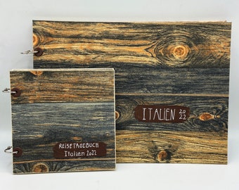 Set Fotoalbum + Reisetagebuch, A4 Holzoptik, personalisierbar, Upcycling Tapete