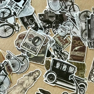 30 retro decorative stickers, vintage, vehicles for bullet journal, semi-transparent