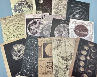 15x moon, cosmos, space collage paper, 10 x 14 cm prints of old pictures, ephemera for junk journals, scrapbooking, collages, art journals