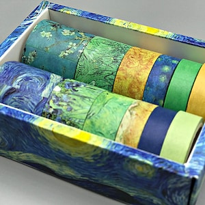 12 Rollen Washi-Tape,blau-gelb, in dekorativer Schachtel, verschiedene Breite und Muster