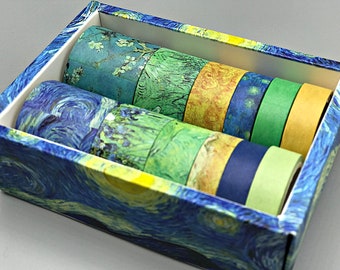 12 rolls of washi tape, blue-yellow, in a decorative box, different widths and patterns