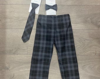 Grey Granite Tartan Trews and Tie/Bow Tie Set, Trousers, Pants, Babies/Children