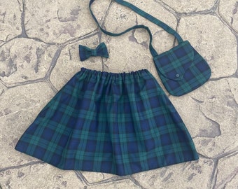 Black Watch Tartan Skirt, Hair bow & Bag Set, babies, children