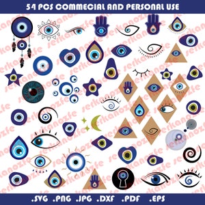 Paquete de 54 archivos SVG de mal de ojo, PNG y DXF, archivos de corte Humsa Svg, ojo turco, protección contra el mal de ojo, SVG, EPS, DXF, PNG, archivos para Cricut, silueta
