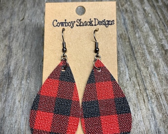 2 Styles Pick Your Style*Buffalo plaid earrings,Buffalo check tear drop earrings,Faux Leather Buffalo plaid earrings