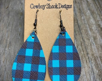 2 Styles Pick Your Style*BLUE Buffalo plaid earrings,Buffalo check tear drop earrings,Faux Leather Buffalo plaid earrings