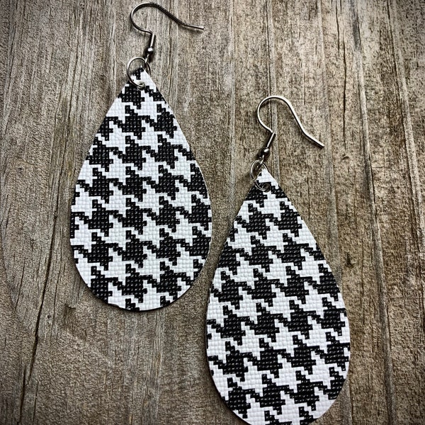 Black & White Houndstooth Guitar Pick Earrings - Epoxy Art Earrings, 2" Long, Surgical Steel Wires (GP046) - View #4