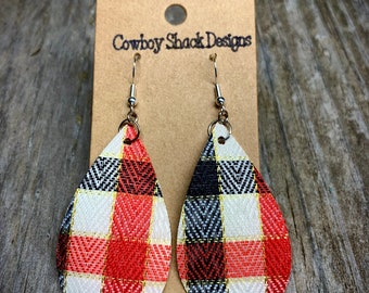 2 Styles Pick Your Style*Plaid Tear Drop Earrings,Fall Earrings,Red Black White Plaid Earrings,Plaid Lightweight Earrings,Gold Earrings