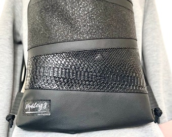 Black drawstrings backpack, Vegan leather backpack purse, Elegant backpack black leather, Modern backpack women, Faux leather laptop bag