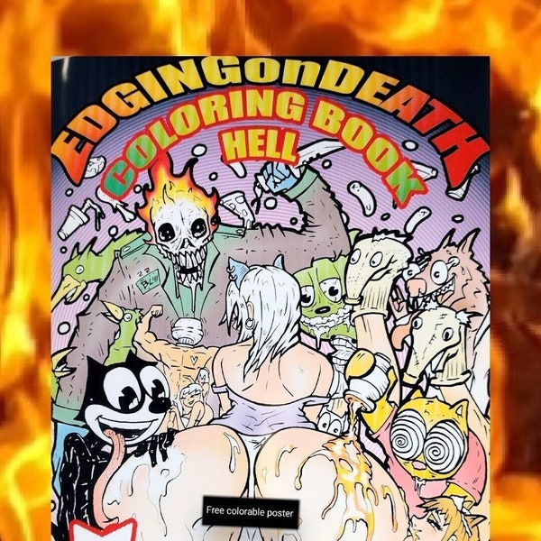 ADULT coloring book, sexy fun fantasy humor, ero guro cartoon trash, crazy grotesque comic and dark artwork, over 20 illustrations to color