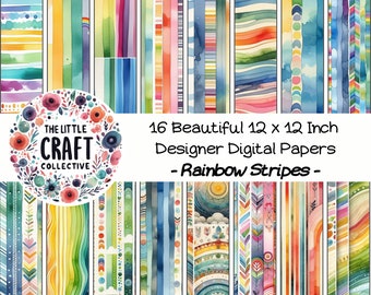 Puede incluir: 16 papeles digitales con rayas de arcoíris de acuarela en varios colores y patrones. Cada papel mide 30,5 x 30,5 cm.