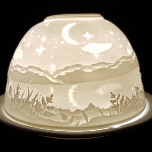 Beautiful Starry Night Tea Light Holder - Hand Etched White Porcelain - Ceramic Tea Light Dome