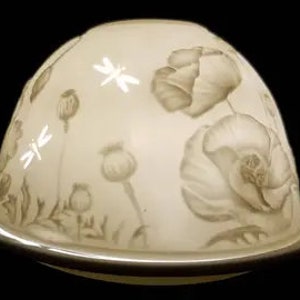 Beautiful Poppies Tea Light Holder - Hand Etched White Porcelain - Ceramic Tea Light Dome