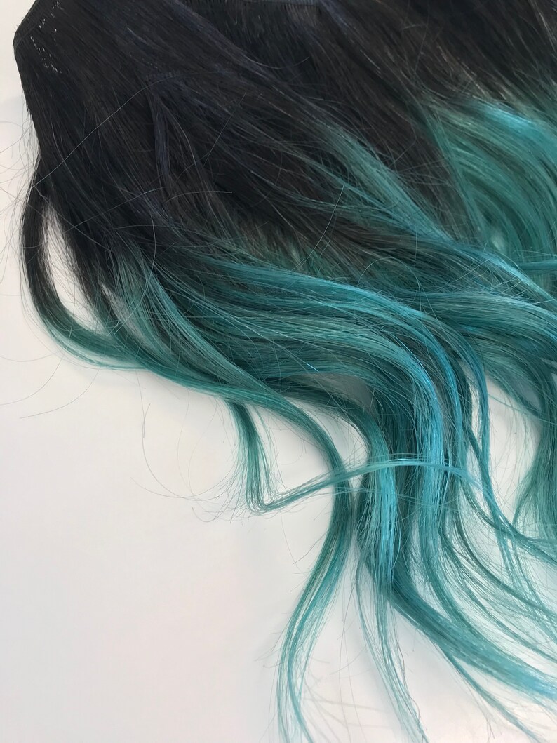 Teal Ombre 11 Clip In Human Hair Extensions Teal Clip In Etsy