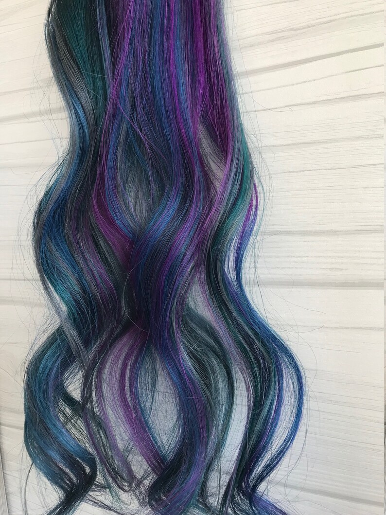 Mermaid Inspired Teal Blue Grey Purple Clip In Human Hair Extensions 20 Long Natural Wave Human Hair Vivid Mermaid Hair Ready To Ship