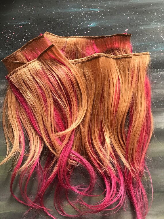 Dark Blonde And Hot Pink 10 Full Set Clip In Extensions 100 High Quality Human Hair Clip In Extensions Full Set Ready To Ship