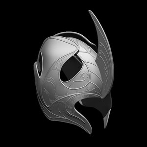 May include: A silver-colored helmet with intricate floral and leaf patterns. The helmet features a pointed crest and eye openings. The design suggests a fantasy or historical theme, possibly for cosplay or display.