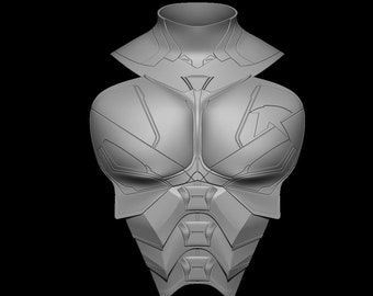 May include: A gray 3D model of a futuristic chest plate with a geometric design.