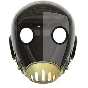 Puede incluir: Un casco negro y dorado con una máscara facial. El casco tiene dos grandes agujeros para los ojos y una máscara facial en forma de rejilla.