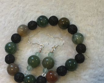 Fancy Jasper and lava stone diffuser bracelet; green aventurine and fancy jasper earrings set