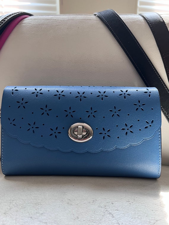 Coach Sky Blue Flower Cutout Leather Crossbody Han