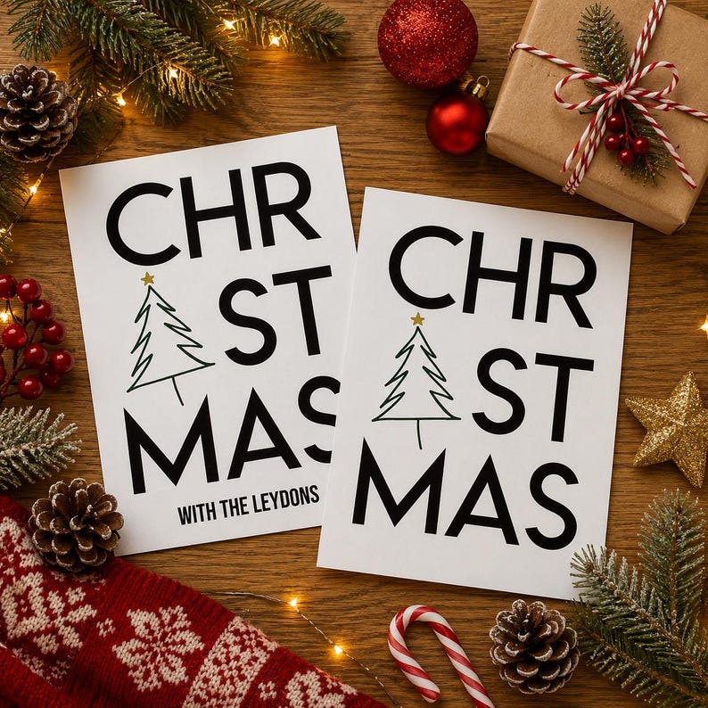 K&ouml;nnte beinhalten: Zwei wei&szlig;e rechteckige Gru&szlig;karten mit schwarzem Text CHRISTMAS, bei denen ein einfaches, als Strichzeichnung dargestelltes Baum-Symbol den Buchstaben I ersetzt. Eine Karte enth&auml;lt den Text WITH THE LEYDONS, die andere ist leer.