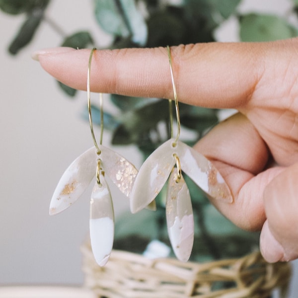 Leila Hoops | Watercolor Gold Earrings | Neutral Marble Dangle Earrings | Textured Lightweight Polymer Clay Earrings Blue Green Translucent