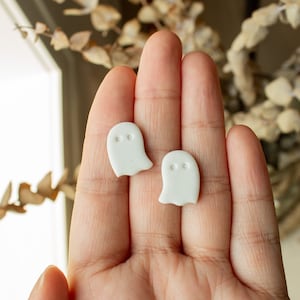 Dancing Ghost Studs | Pearl White Ghost Polymer Clay Stud Earrings, halloween fall spooky ghost stud earrings