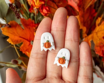 Pumpkin Ghost Studs | Pumpkin Patch Polymer Clay Stud Earrings, Fall Autumn Spooky Halloween Earrings