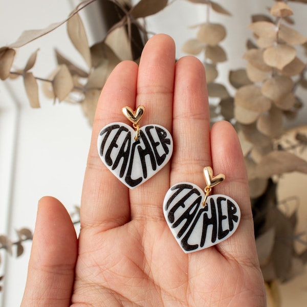 Teacher Heart Dangles | back to school teacher, polymer clay dangle earrings, floral back to school earrings, teacher, appreciation gift