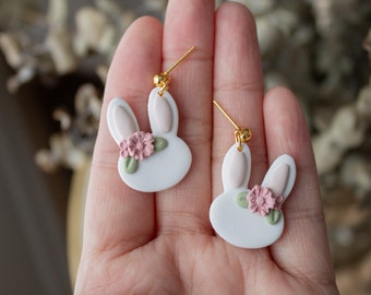 Floral Bunny Earrings | Polymer Clay Easter Dangle Earrings, Flower dangle earrings, White and pink speckled earrings, flower dangles