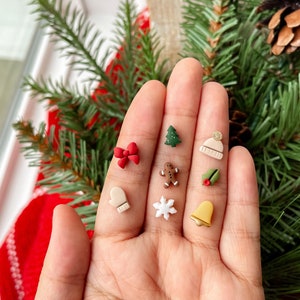 Tiny Holiday Studs | polymer clay tree, snowflake, gingerbread man, mitten hat, bow, sparkle stud earrings