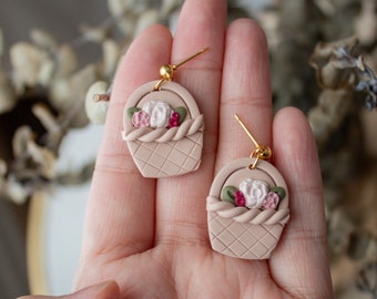 Floral Basket Dangles | Polymer Clay Floral Dangle Earrings, Easter Dangles, Flower dangle earrings, Pink flower earrings