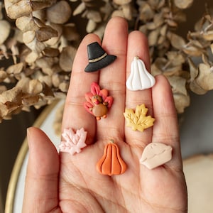 May include: A set of seven Thanksgiving-themed polymer clay charms, including a pilgrim hat, a turkey, a pumpkin, a pie, and three leaves in different colors.