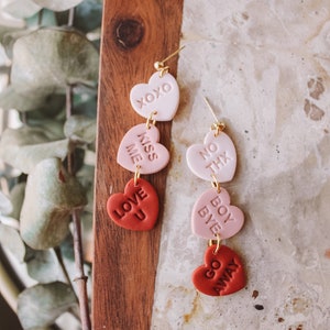 Conversation Heart Dangles | Statement Earrings / Polymer Clay Earrings | xoxo Love sassy earrings kiss valentines day earrings