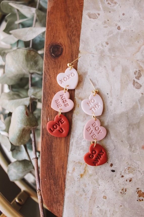 Conversation Heart Dangles Statement Earrings / Polymer Clay