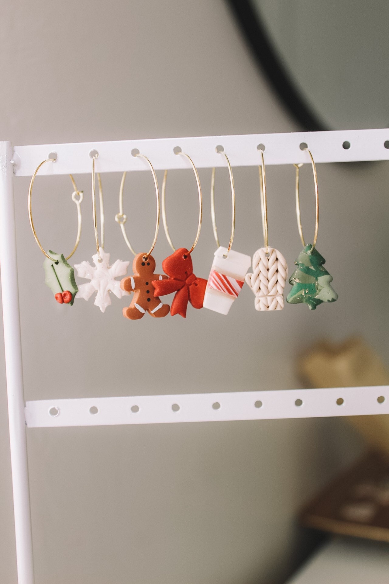 Holiday Hoops | snowflake gingerbread man mocha coffee peppermint red bow Christmas tree gold leaf knit mitten holly Christmas earrings