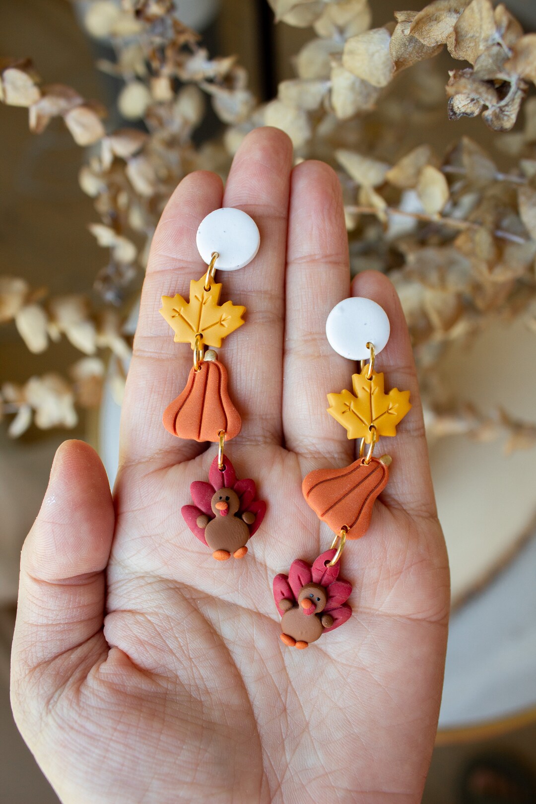 Thanksgiving Day Dangles Polymer Clay Turkey Gourd Pumpkin Maple