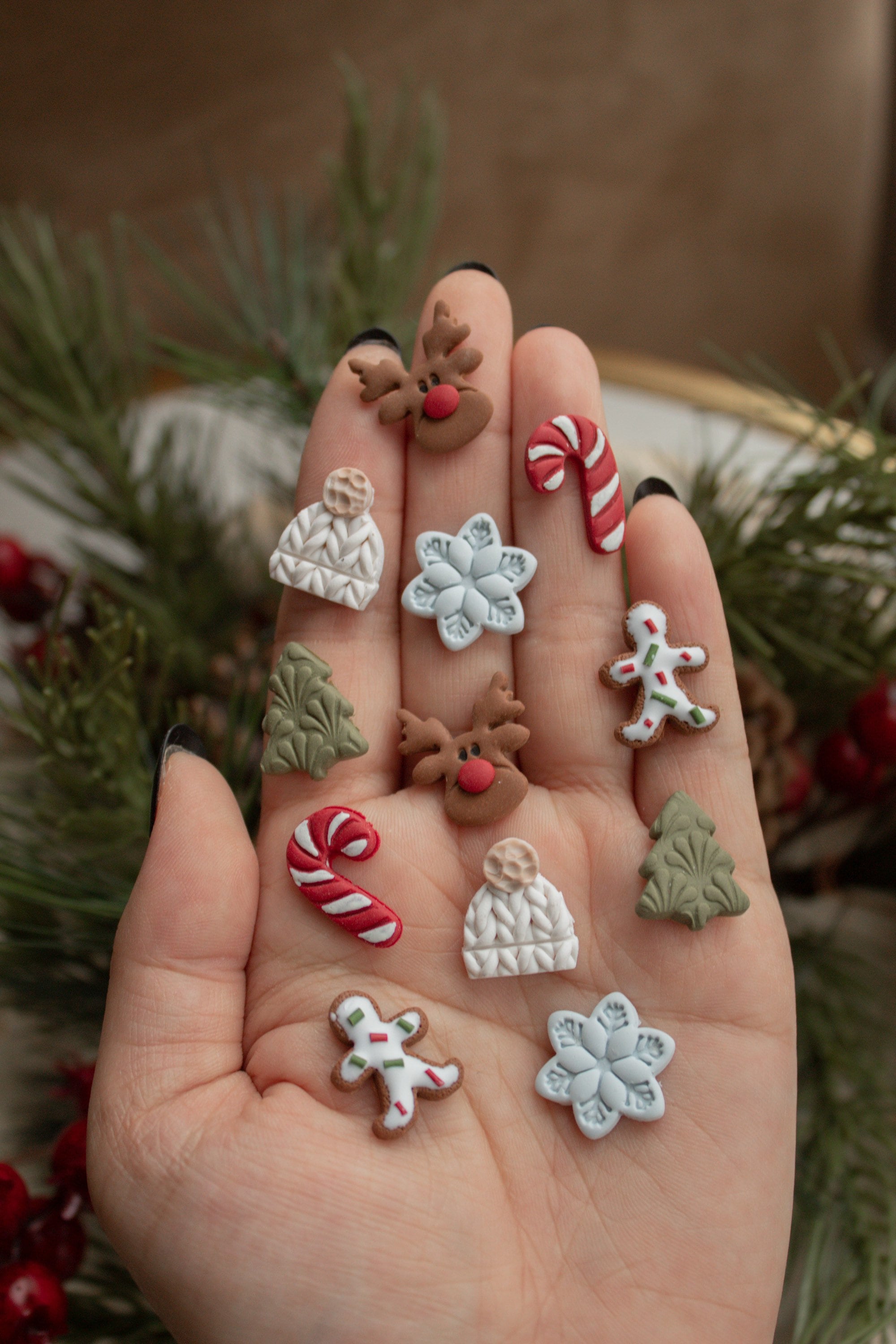 Holiday Stud Pack 2 | Tree Gingerbread Cookie Knit Hat Candy Cane Snowflake Wreath Reindeer
