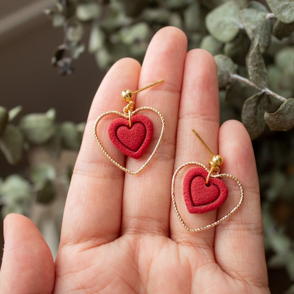 Date Night Dangles | polymer clay red heart brass gold dangle earrings, Valentine’s Day heart drops, pink white gold sparkle