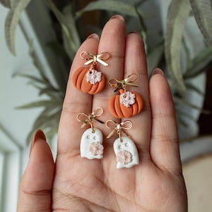 Minihangers herfststrik | Hangoorbellen pompoen en geest, polymeerklei herfst Halloween-hangoorbellen, oorbellen van spookklei