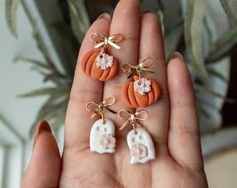 Fall Bow Mini Dangles | Pumpkin and Ghost Dangle Earrings, Polymer Clay Fall Halloween Dangle Earrings, Spooky Clay Earrings