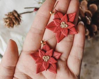 Poinsettia Dangles | Gold Christmas Holiday Flower Dainty Dangle Earrings Polymer Clay Red Dangles Floral Flower