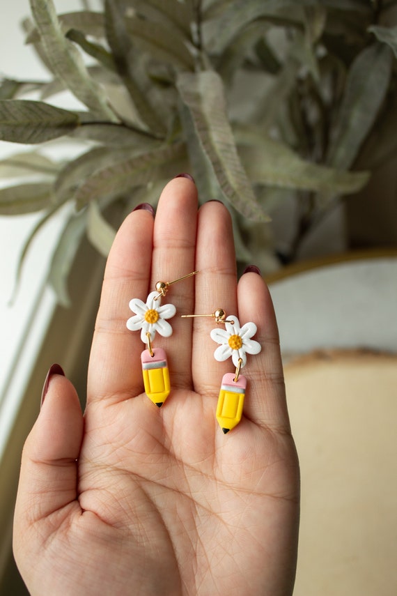 Pencil Floral Dangles | back to school teacher, polymer clay dangle earrings, floral back to school earrings, teacher, appreciation gift