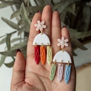 Flower Crayon Dangles | back to school teacher, polymer clay dangle earrings, floral back to school earrings, teacher, appreciation gift