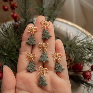 Bow Tree Mini Dangles | Tree dangle earrings, gold dangles, holiday earrings, Bow stud earrings, Christmas tree studs, holiday earrings